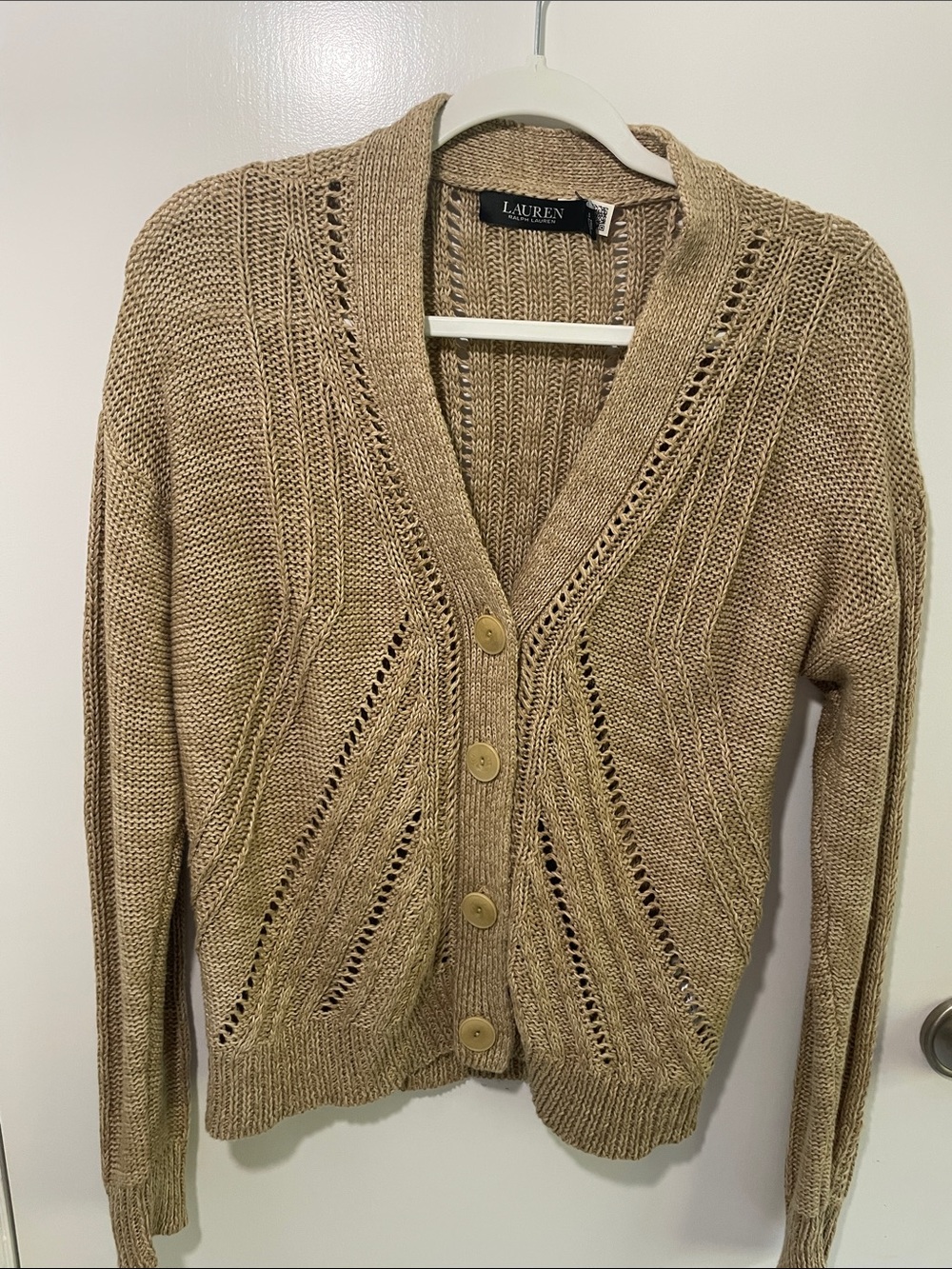 Ralph Lauren Tan Open-Stitch V-Neck Cardigan. Timeless,work,day, transitional.LG